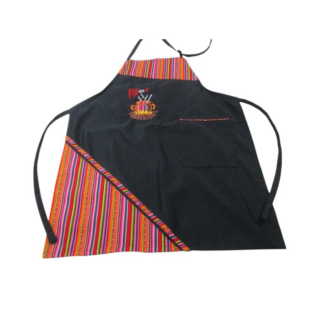 Peru Peruvian Design Kitchen Apron Black Chest Pocket Lightweight Neck‎ Strap